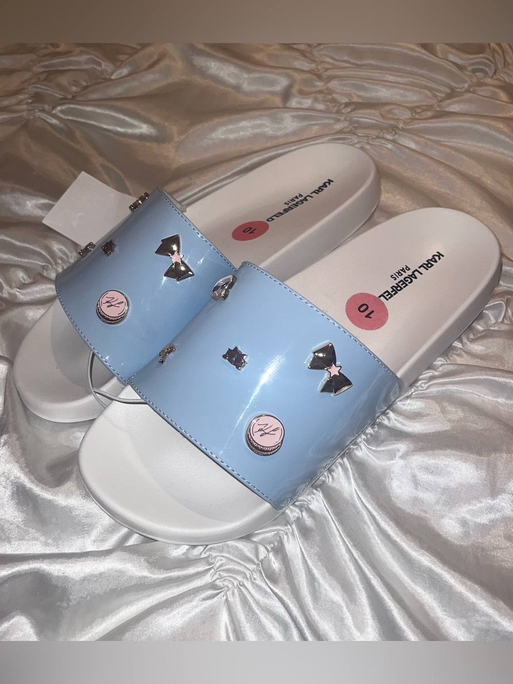 Karl Lagerfeld Pale Blue Patent Slide Sandals with Metallic Charms